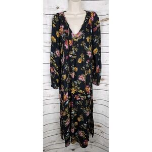 Natural Life Black Floral Midi Dress M Crinkle Rayon Cottagecore Peasant Boho
